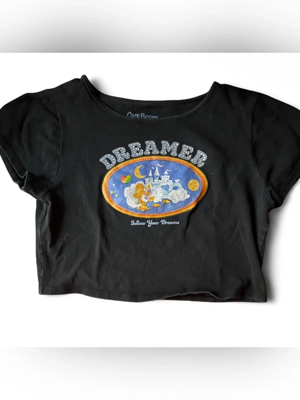 Care Bears Dreamer Rhinestone Graphic Tee Black Follow Your Dreams Y2K Crop S